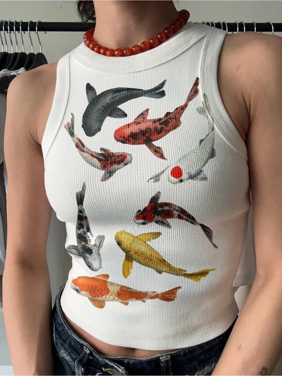 Tops - White Koi Fish Graphic Tank Top